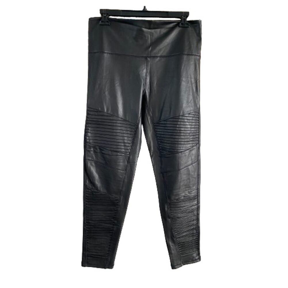bagatelle Black Faux Leather Wide Leg Pants with Biker Ribbing Rocker chick